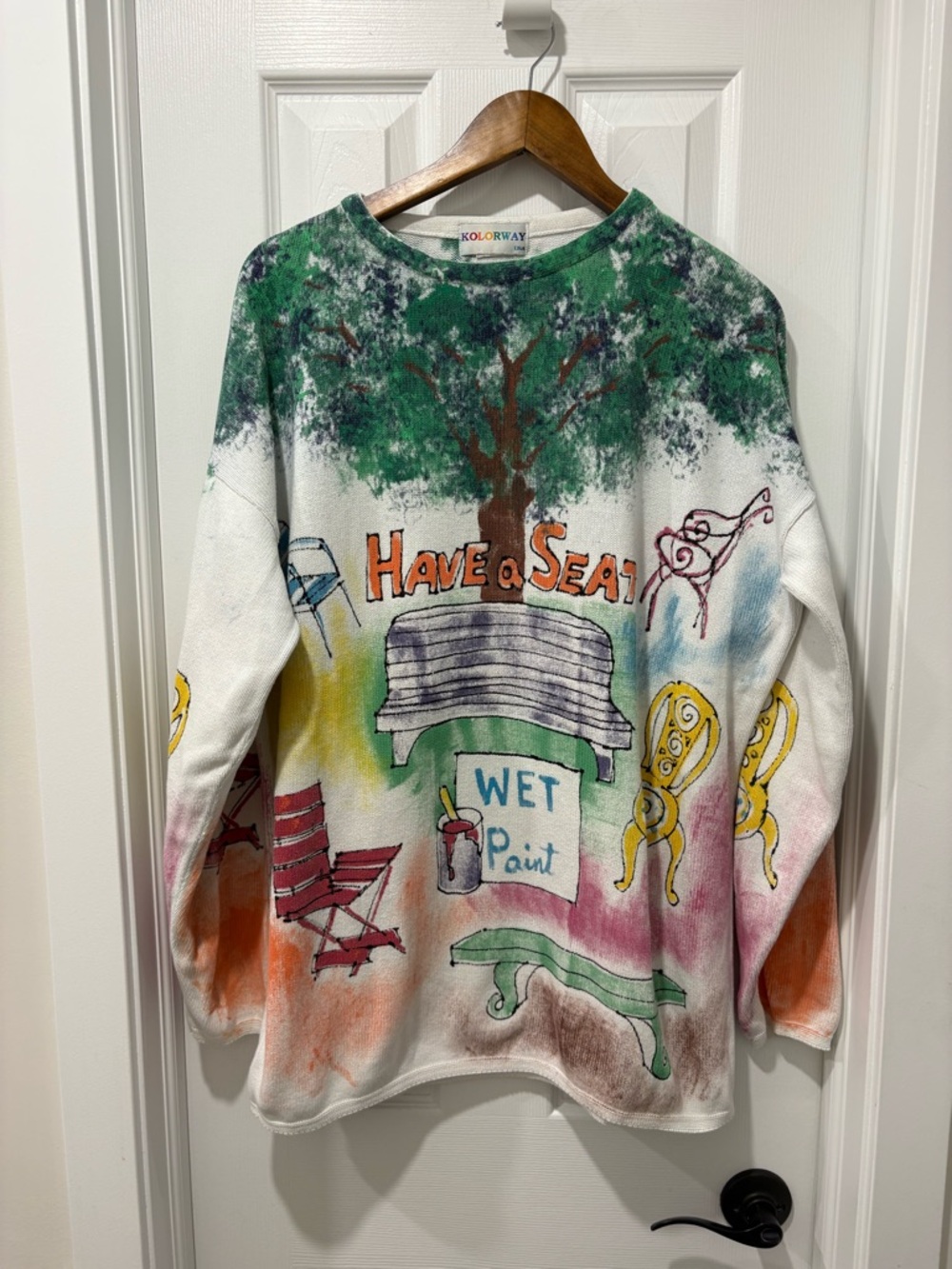 Vintage "Have a Seat" Painted Sweater - Multicolor knit women’s size XL